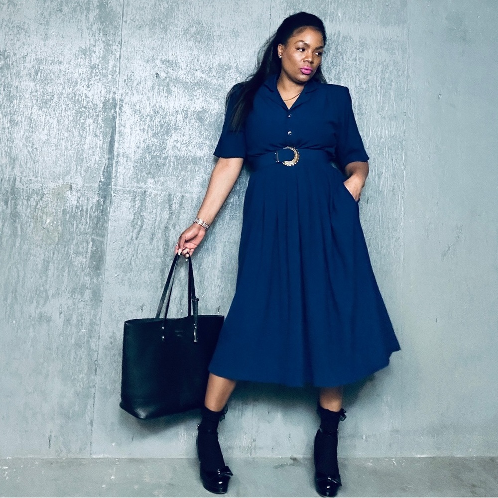 Vintage Elegant Navy Blue Midi Dress, fits S-M